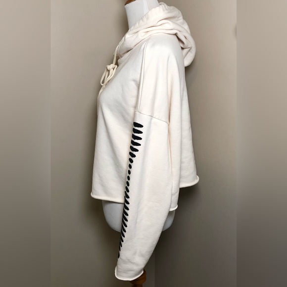 ALO Yoga Cream Cropped Hoodie w/Black Beading,Size-Medium,GUC - Picture 6 of 7